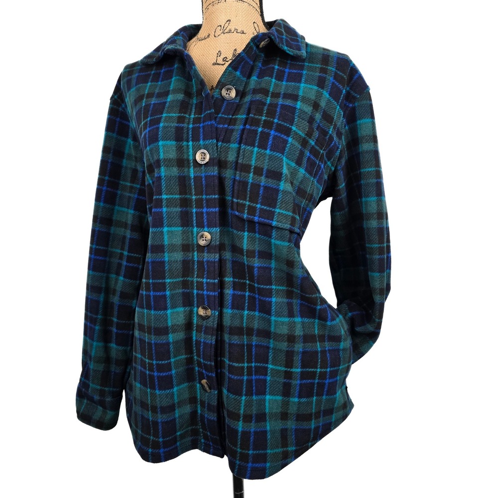 Eddie Bauer Womens Microfleece Button Up Shirt Plaid Teal Navy Blue Medium M